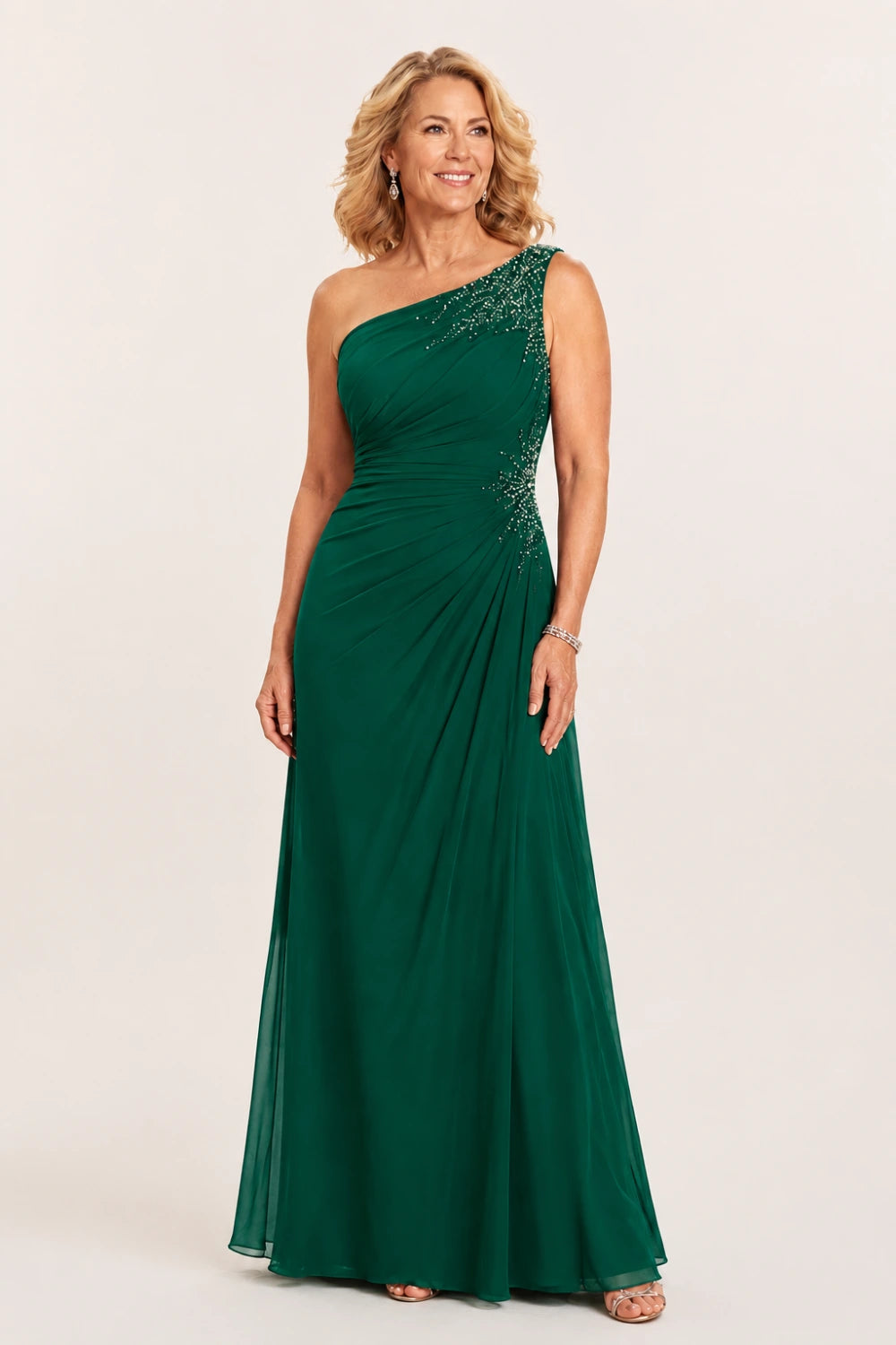 Beaded One-Shoulder Ruched Chiffon Evening Gown