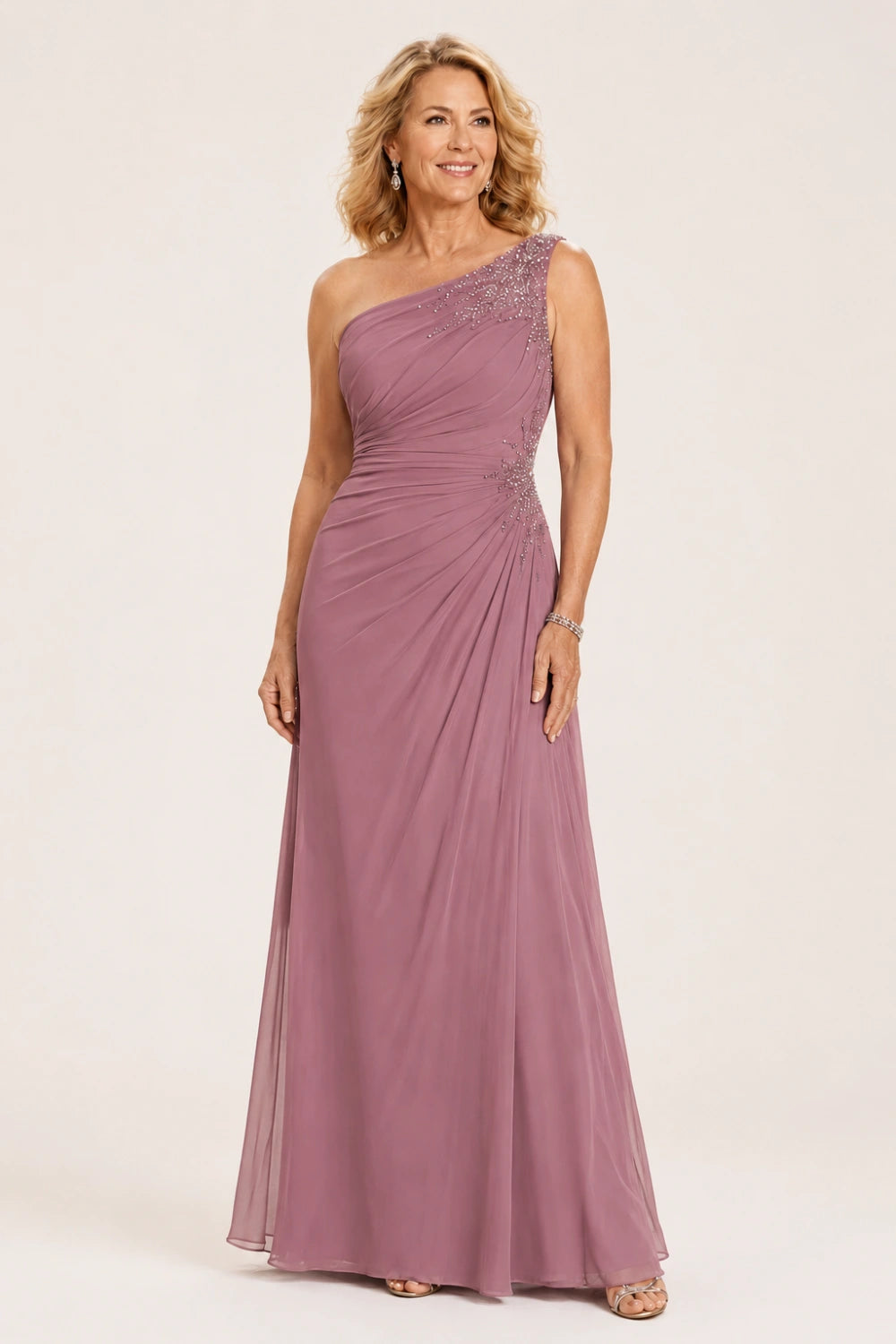 Beaded One-Shoulder Ruched Chiffon Evening Gown