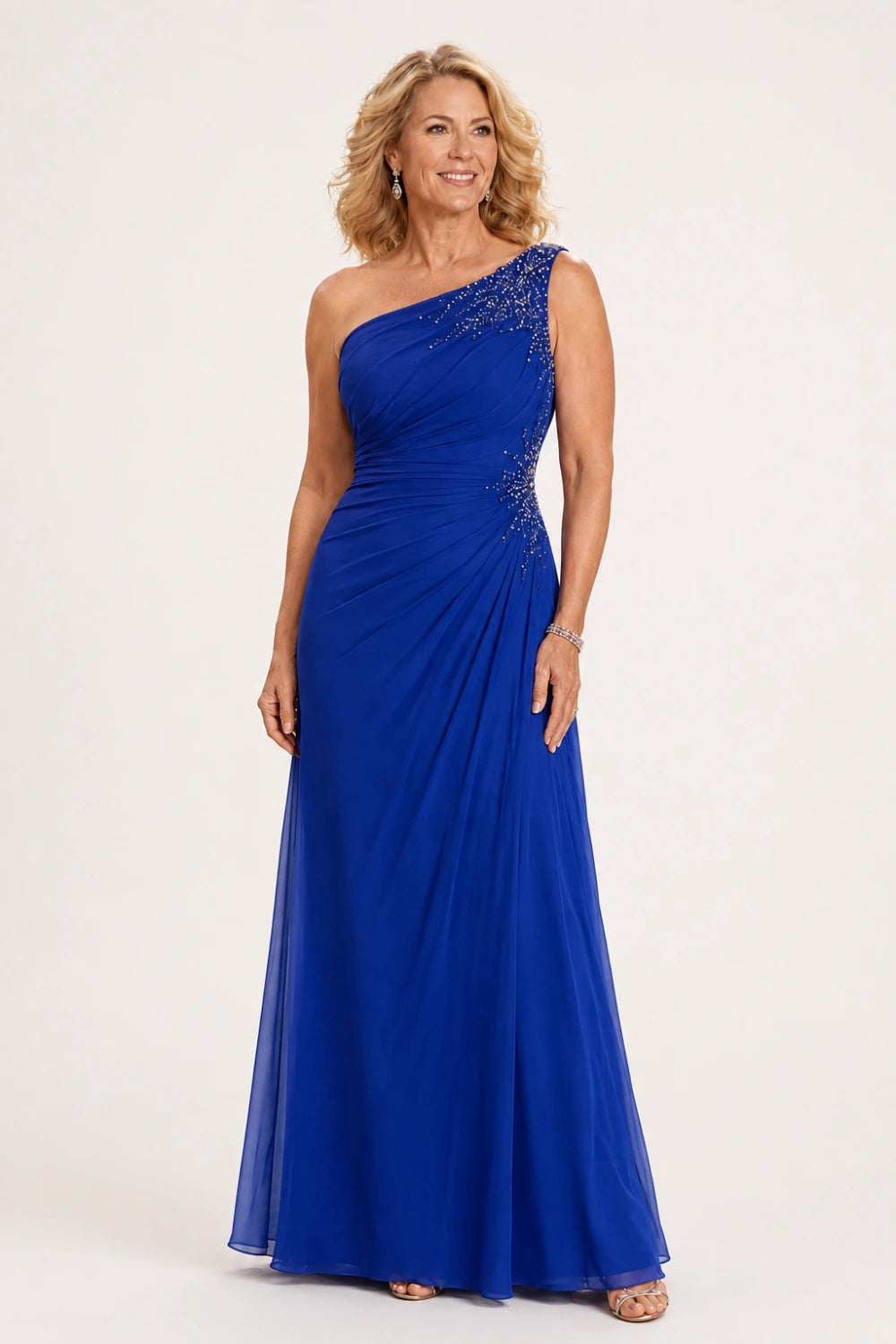 Beaded One-Shoulder Ruched Chiffon Evening Gown