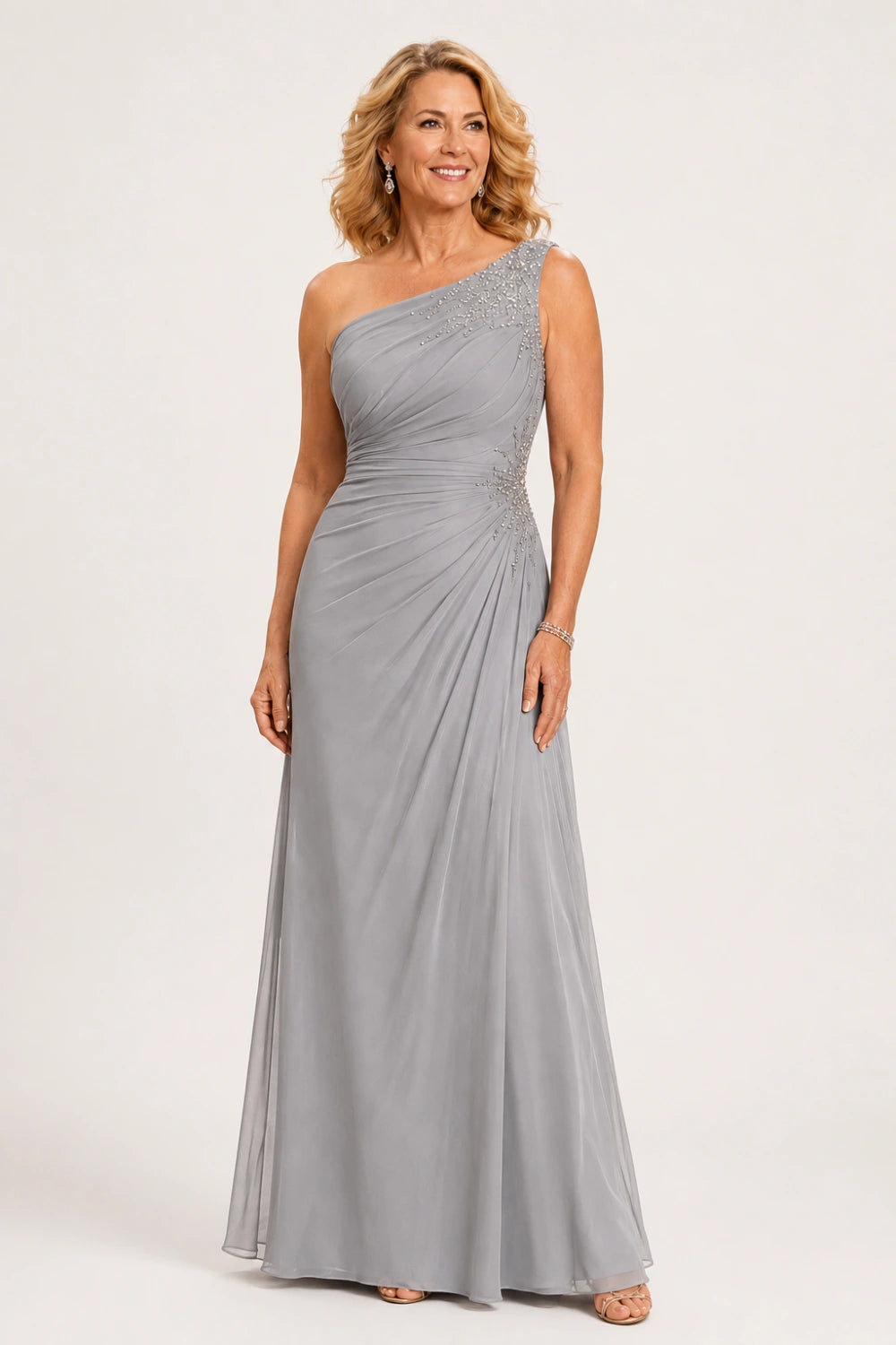 Beaded One-Shoulder Ruched Chiffon Evening Gown