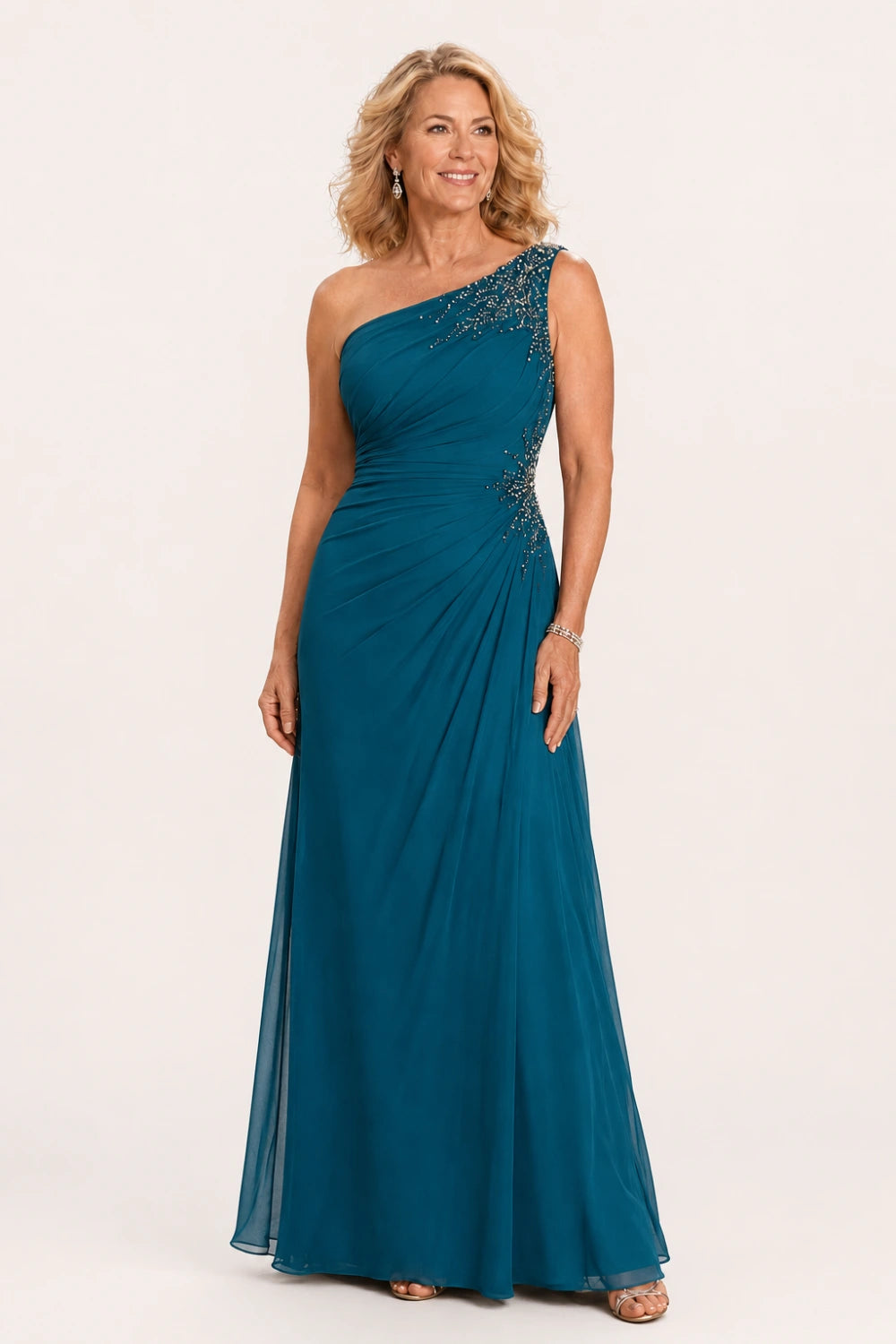 Beaded One-Shoulder Ruched Chiffon Evening Gown
