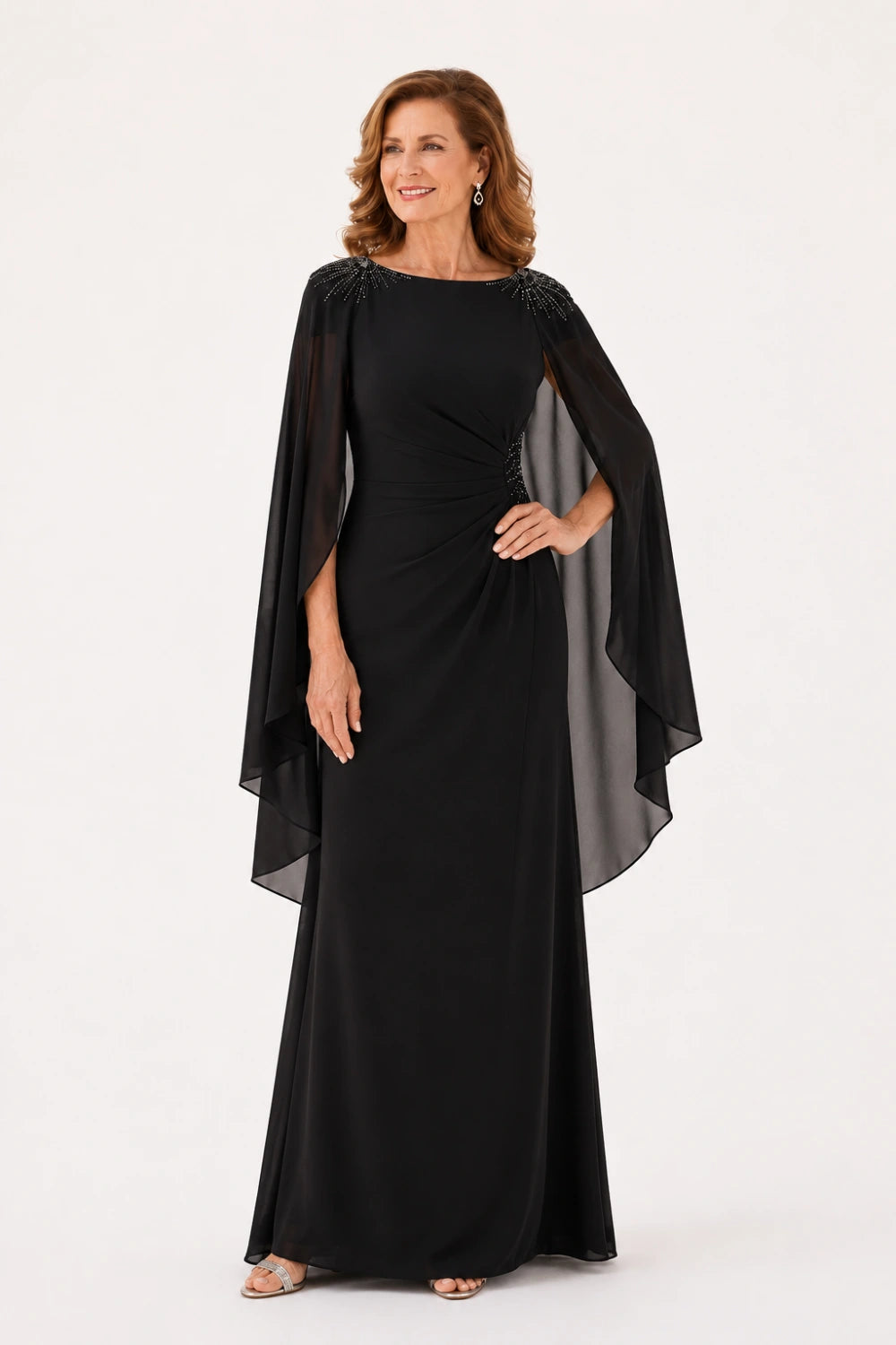 Beaded Ruched Chiffon Cape-Sleeve Gown