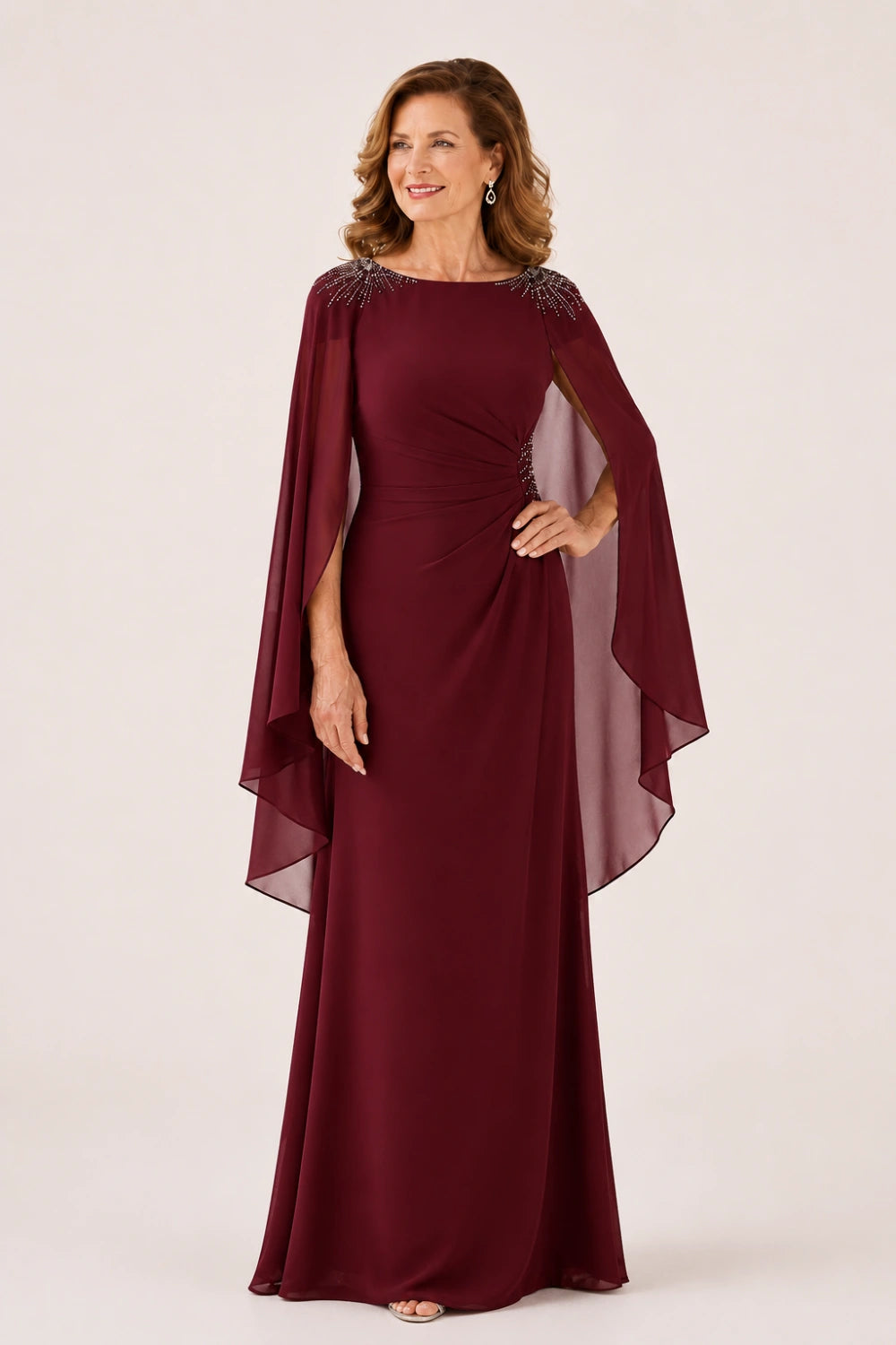 Beaded Ruched Chiffon Cape-Sleeve Gown
