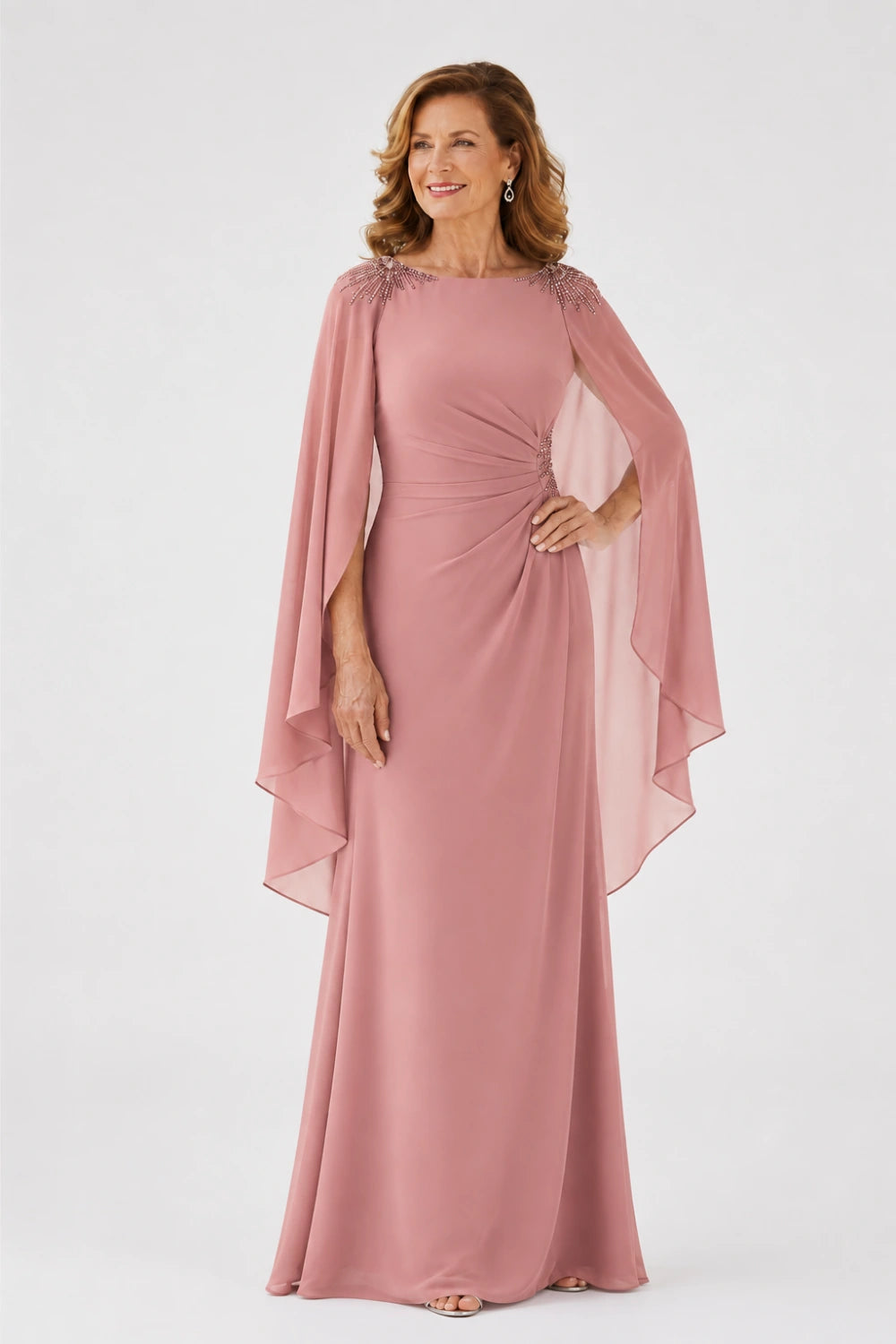 Beaded Ruched Chiffon Cape-Sleeve Gown