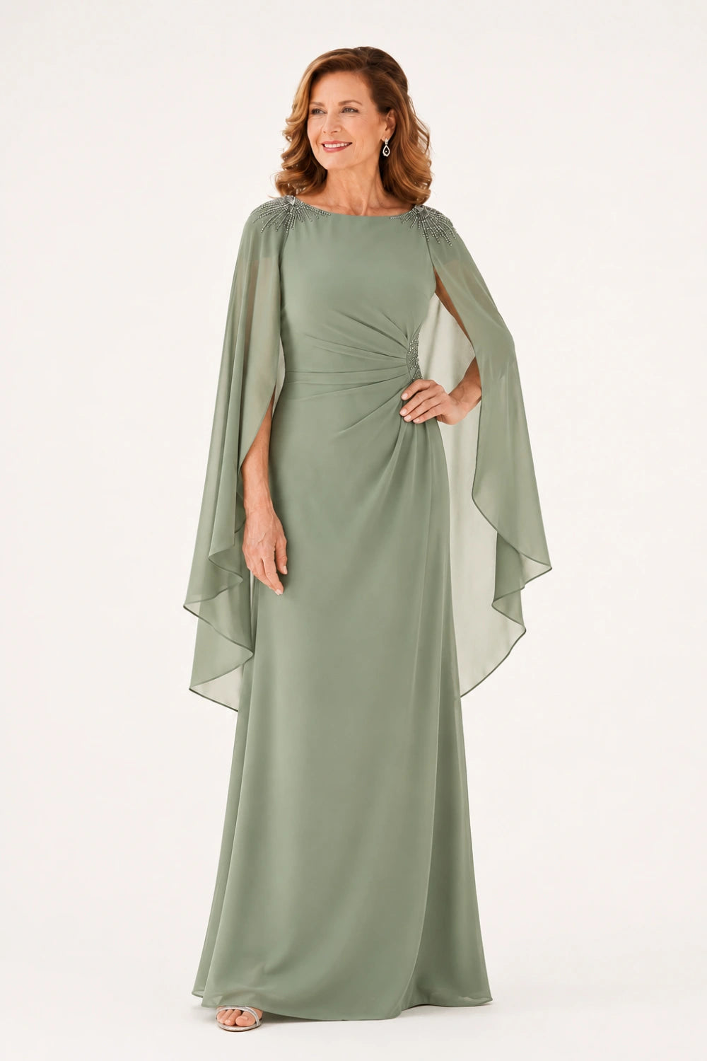 Beaded Ruched Chiffon Cape-Sleeve Gown
