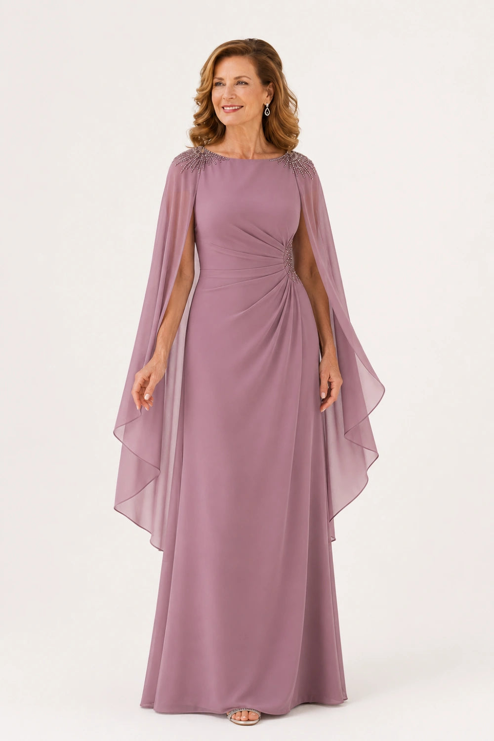 Beaded Ruched Chiffon Cape-Sleeve Gown