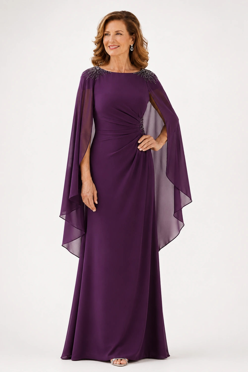 Beaded Ruched Chiffon Cape-Sleeve Gown
