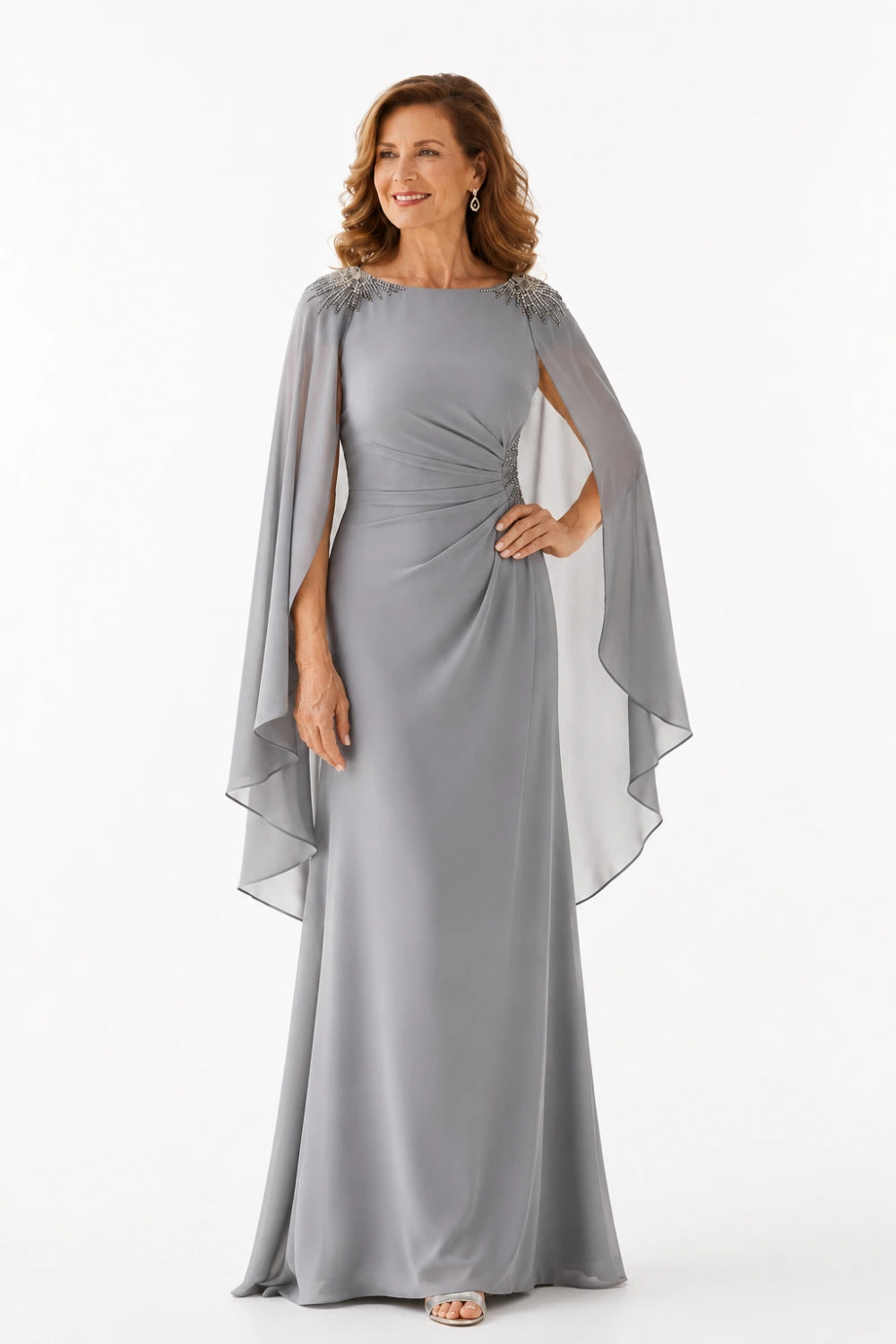 Beaded Ruched Chiffon Cape-Sleeve Gown