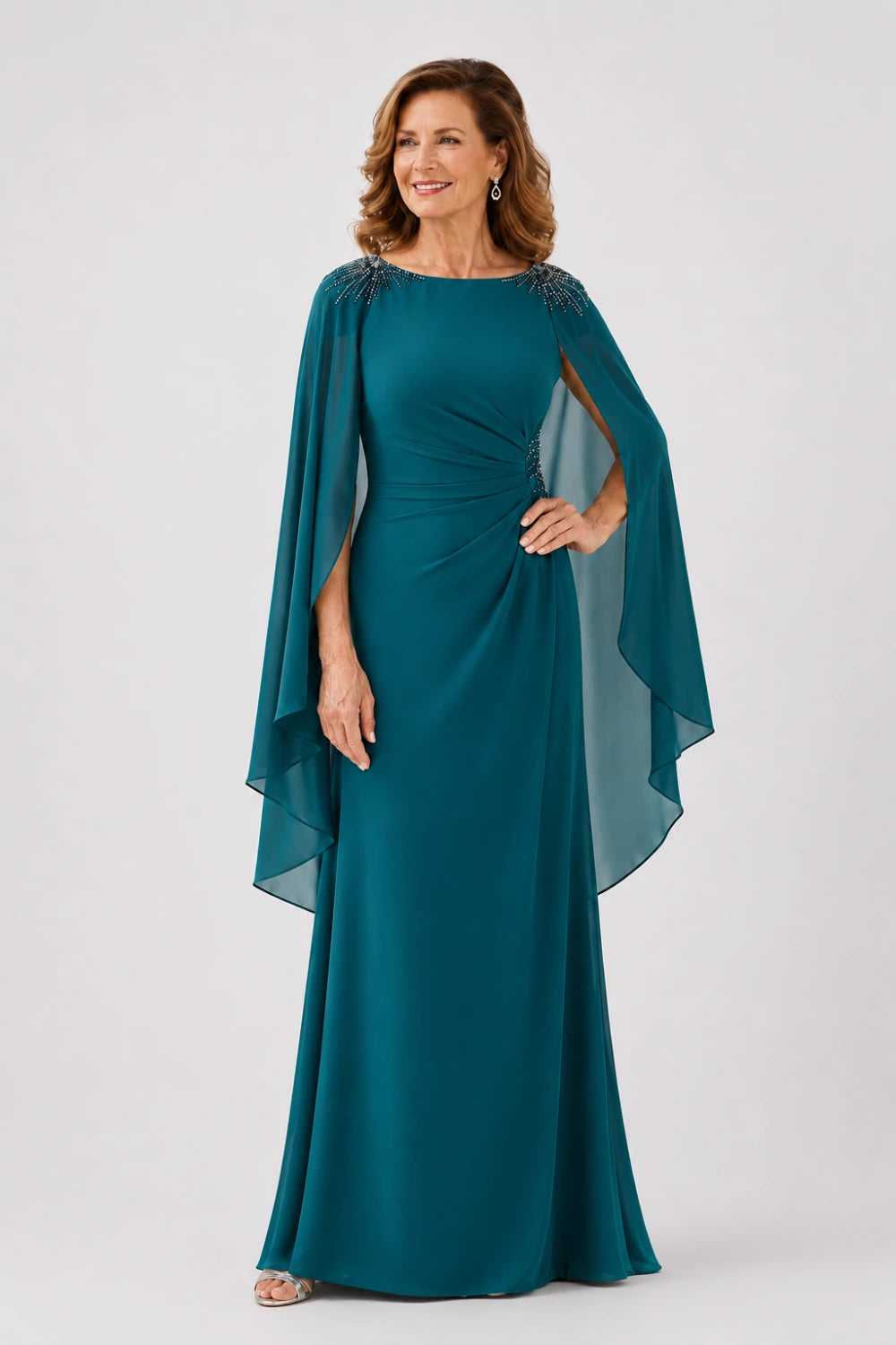 Beaded Ruched Chiffon Cape-Sleeve Gown