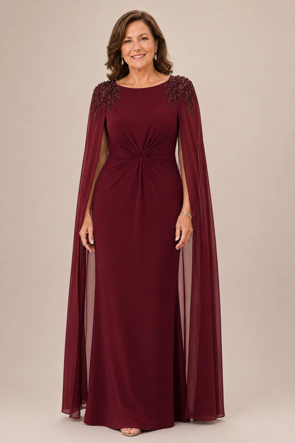 Beaded Shoulder Cape-Sleeve Ruched A-Line Dress
