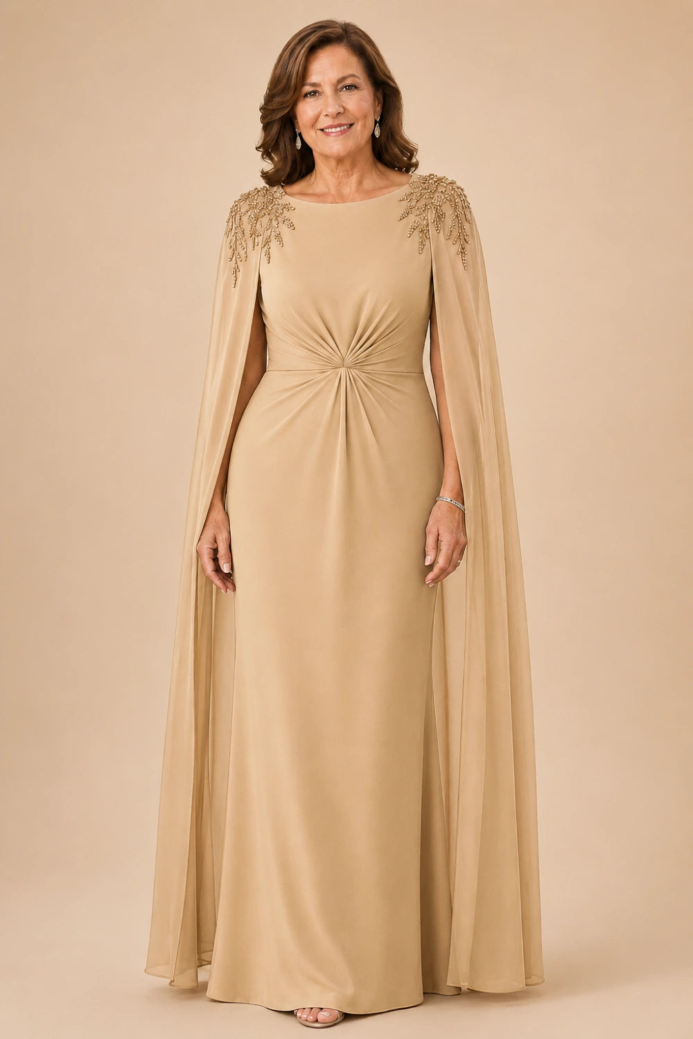 Beaded Shoulder Cape-Sleeve Ruched A-Line Dress