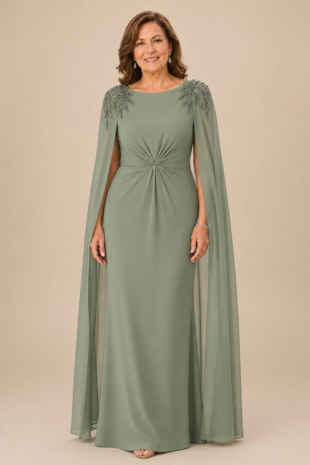 Beaded Shoulder Cape-Sleeve Ruched A-Line Dress
