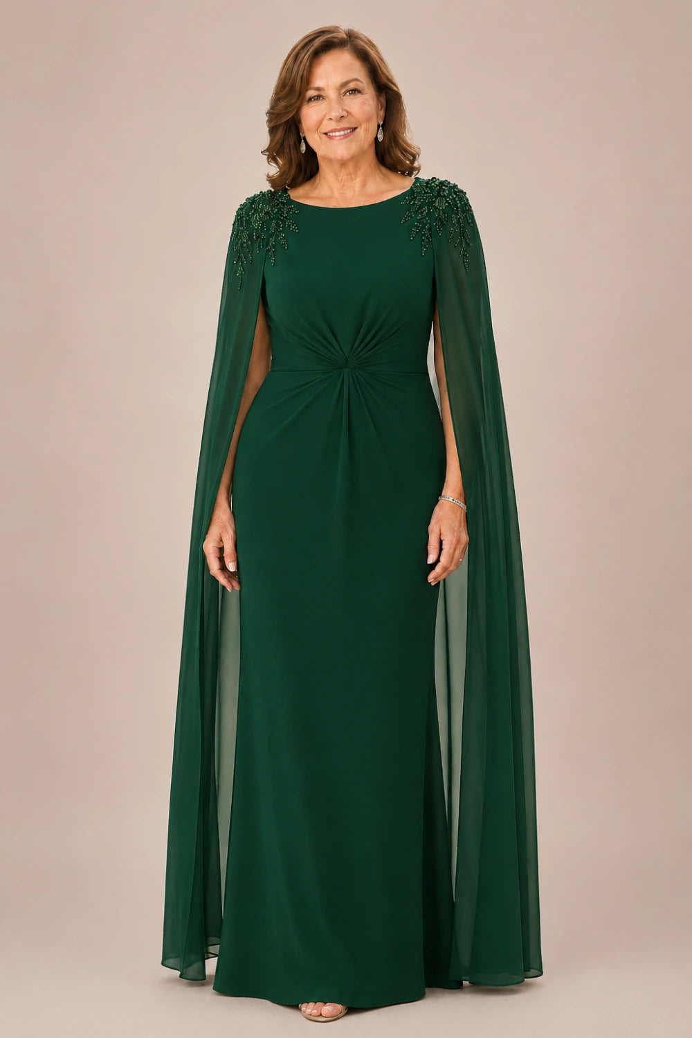 Beaded Shoulder Cape-Sleeve Ruched A-Line Dress