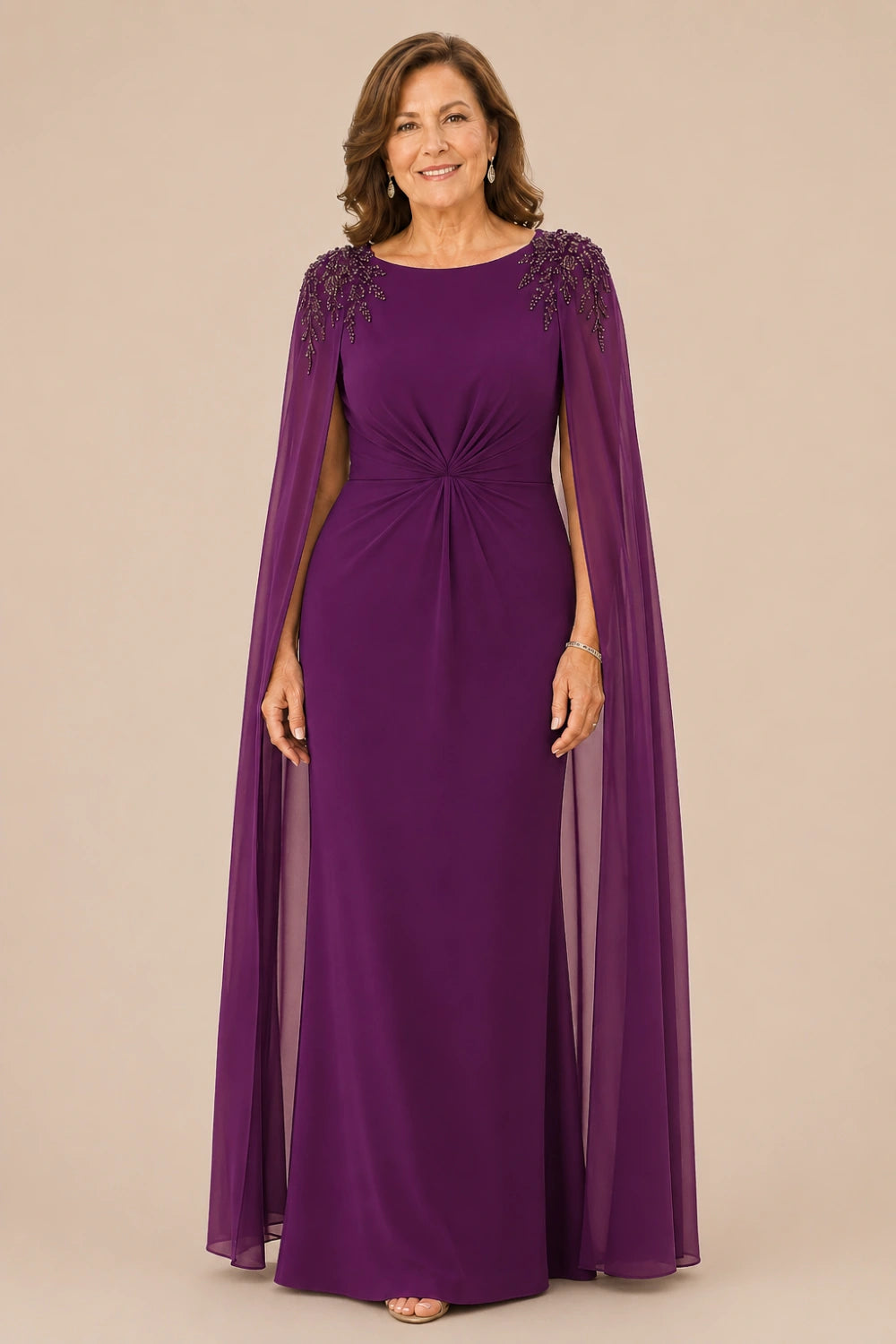 Beaded Shoulder Cape-Sleeve Ruched A-Line Dress