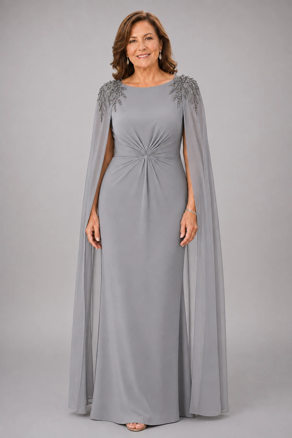 Beaded Shoulder Cape-Sleeve Ruched A-Line Dress