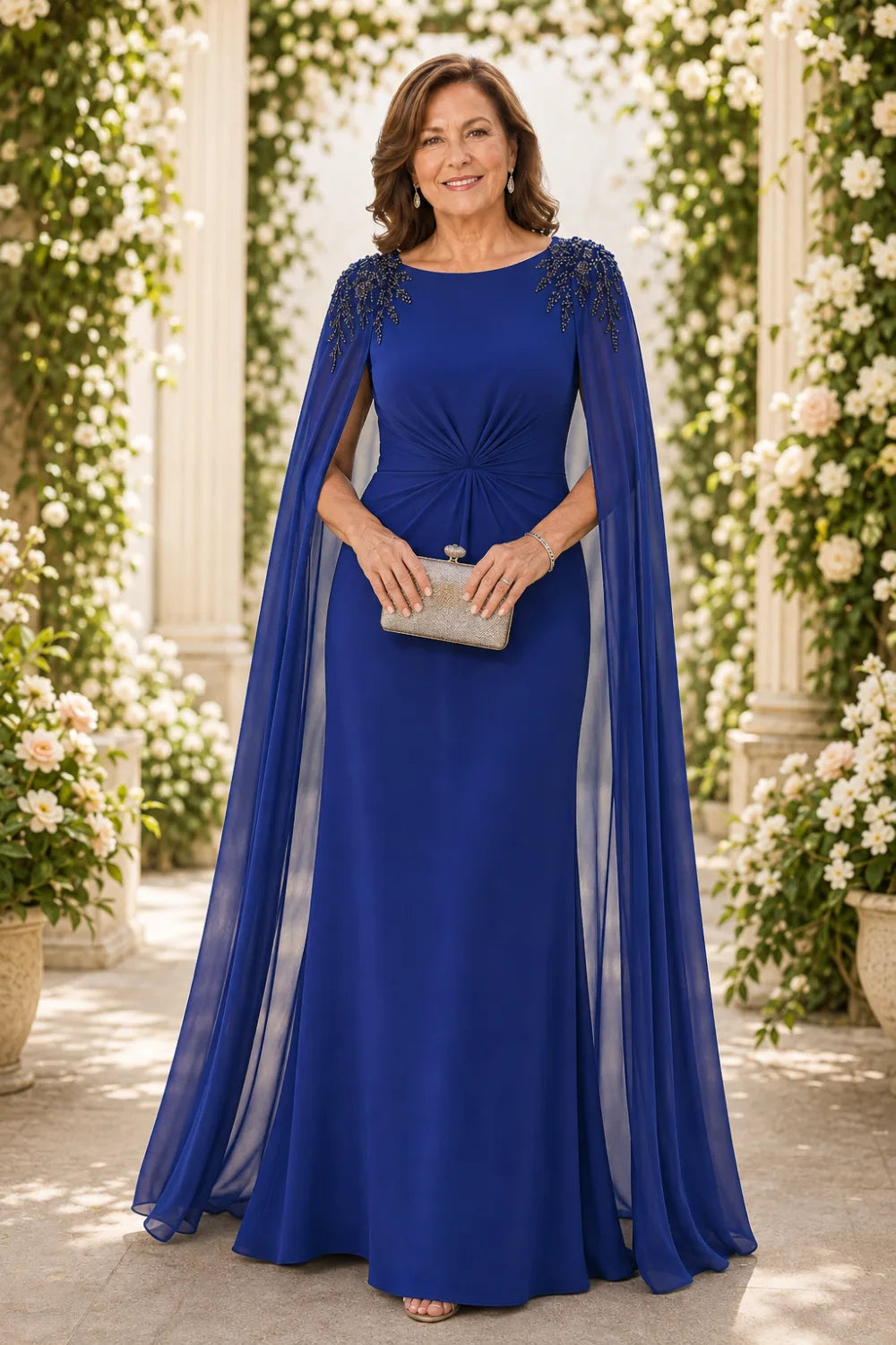 Beaded Shoulder Cape-Sleeve Ruched A-Line Dress