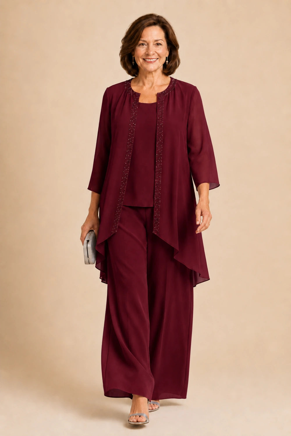 Beaded Three-Piece Chiffon Pant Suit with Draped Jacket