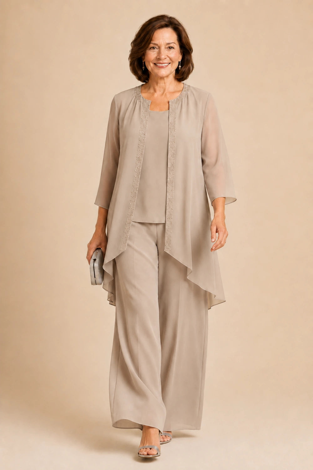 Beaded Three-Piece Chiffon Pant Suit with Draped Jacket