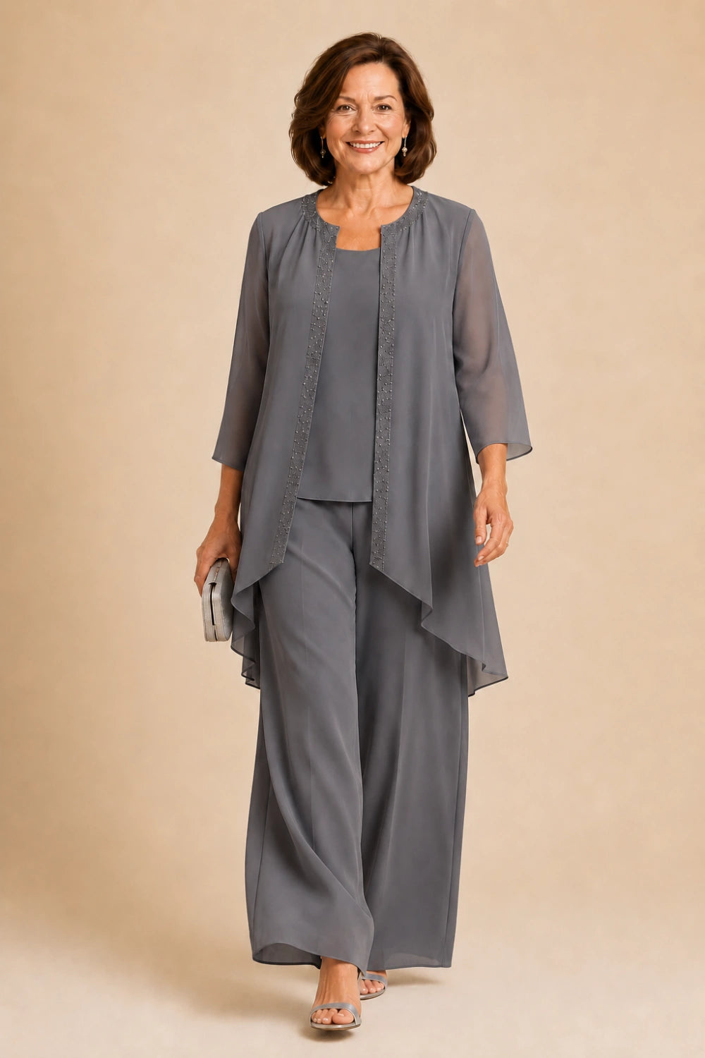 Beaded Three-Piece Chiffon Pant Suit with Draped Jacket