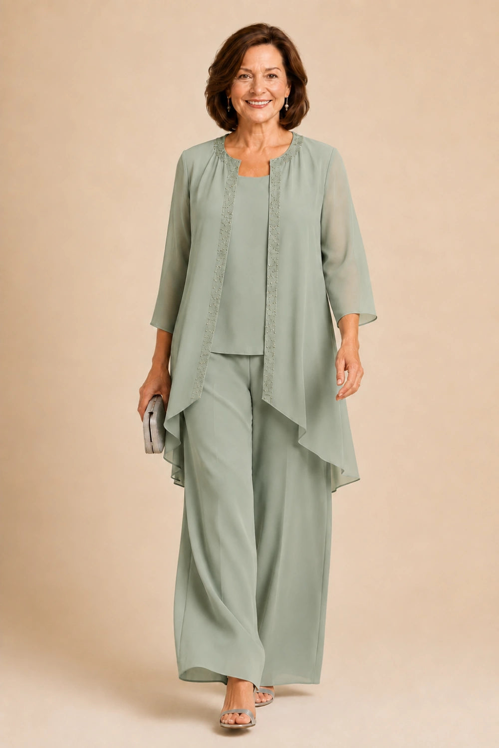 Beaded Three-Piece Chiffon Pant Suit with Draped Jacket