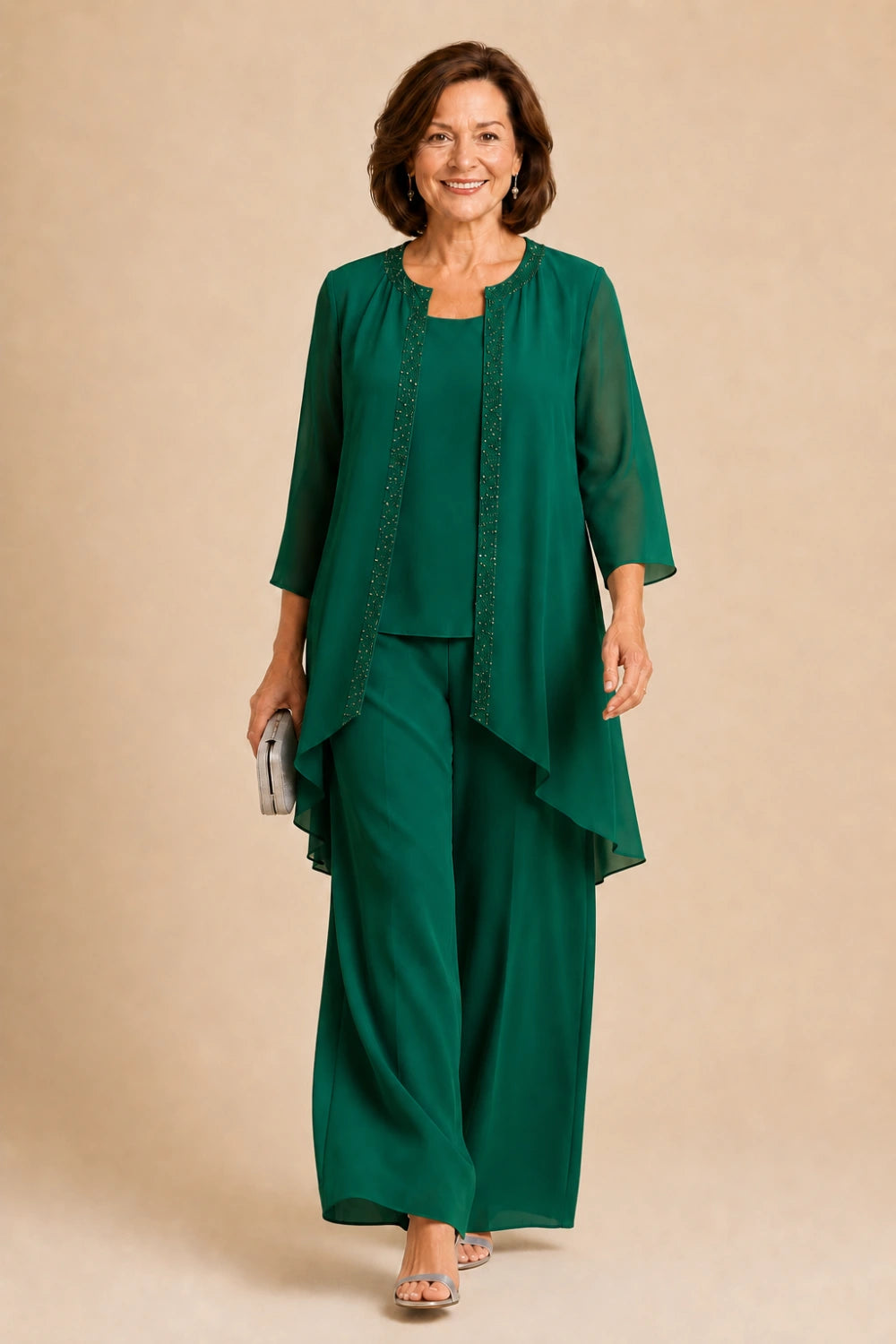 Beaded Three-Piece Chiffon Pant Suit with Draped Jacket