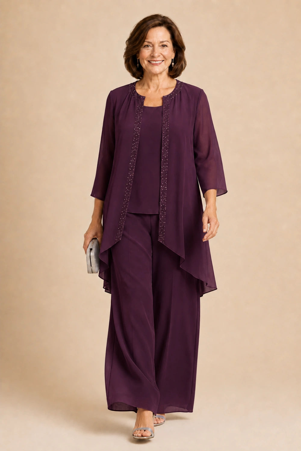 Beaded Three-Piece Chiffon Pant Suit with Draped Jacket