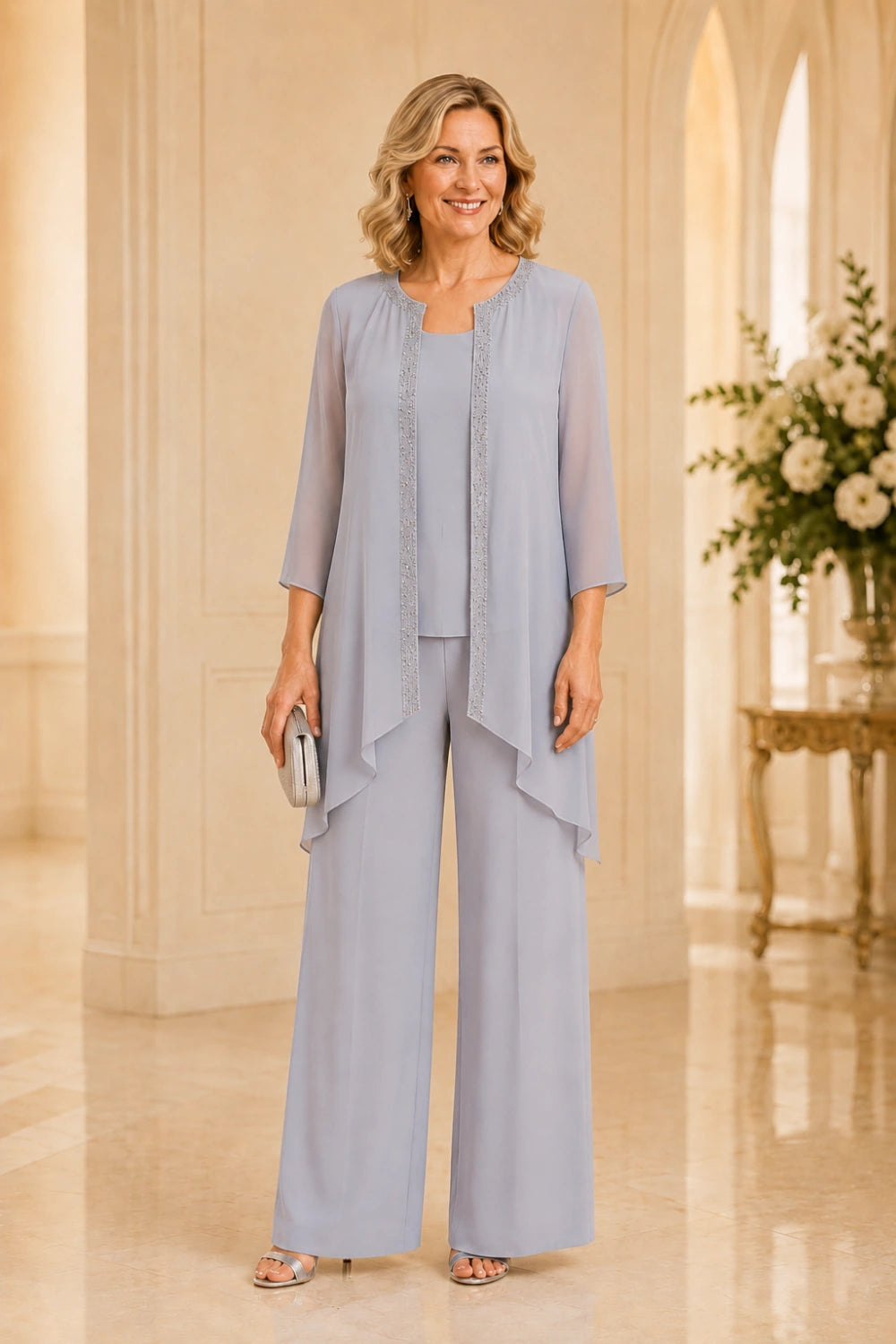 Beaded Three-Piece Chiffon Pant Suit with Draped Jacket