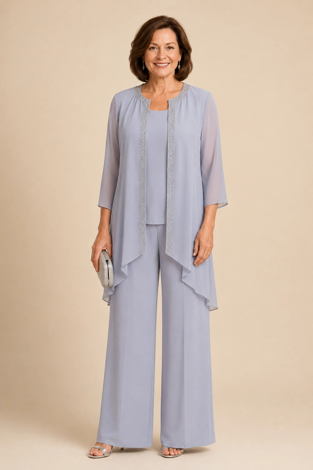 Beaded Three-Piece Chiffon Pant Suit with Draped Jacket