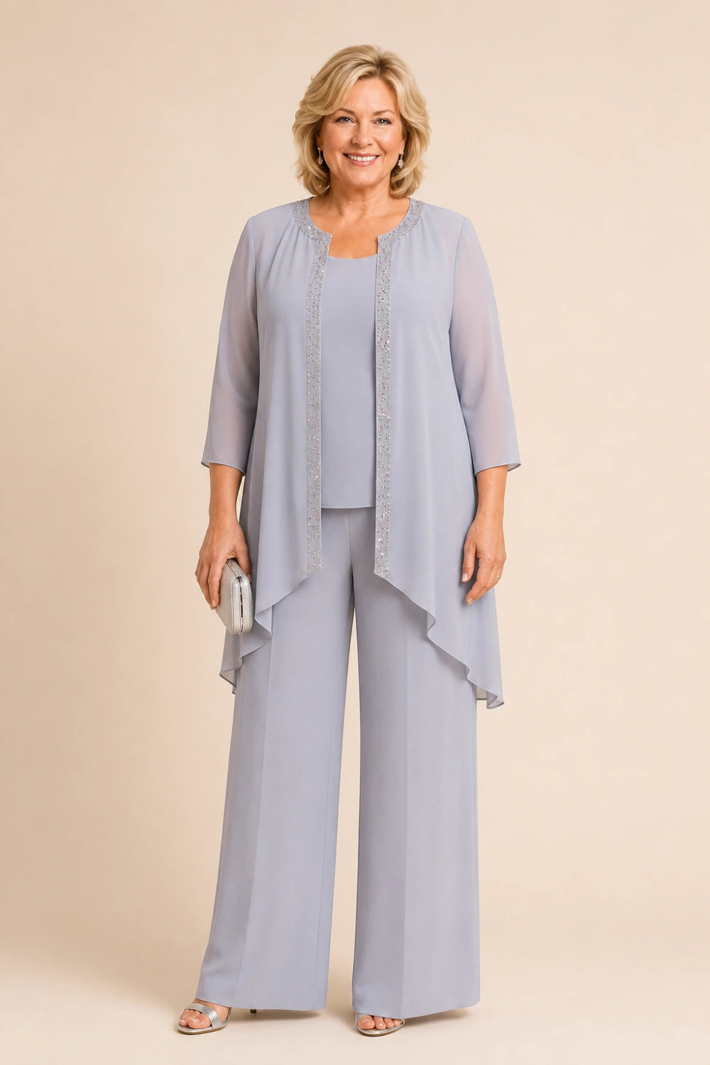 Beaded Three-Piece Chiffon Pant Suit with Draped Jacket