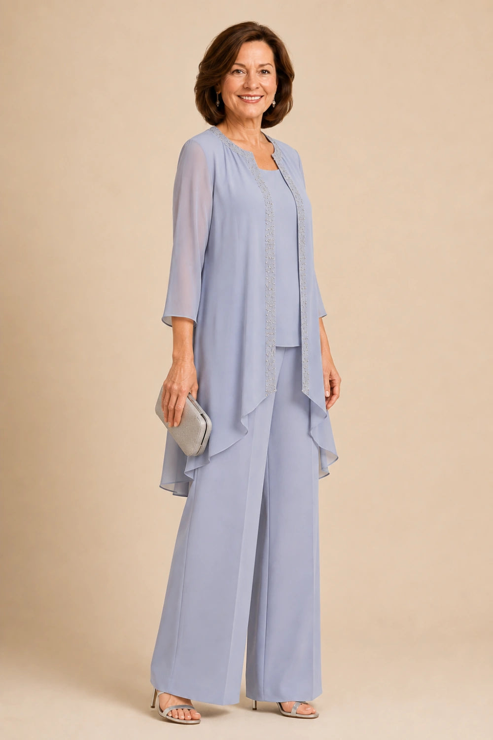 Beaded Three-Piece Chiffon Pant Suit with Draped Jacket