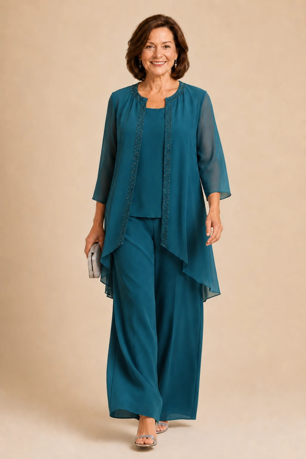 Beaded Three-Piece Chiffon Pant Suit with Draped Jacket