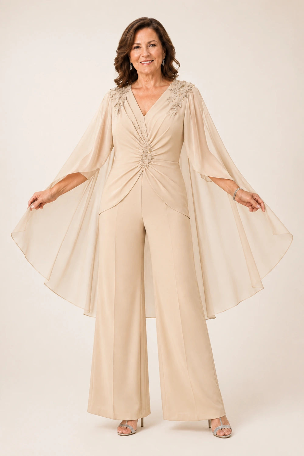 Beaded V-Neck Cape-Sleeve Wide-Leg Jumpsuit