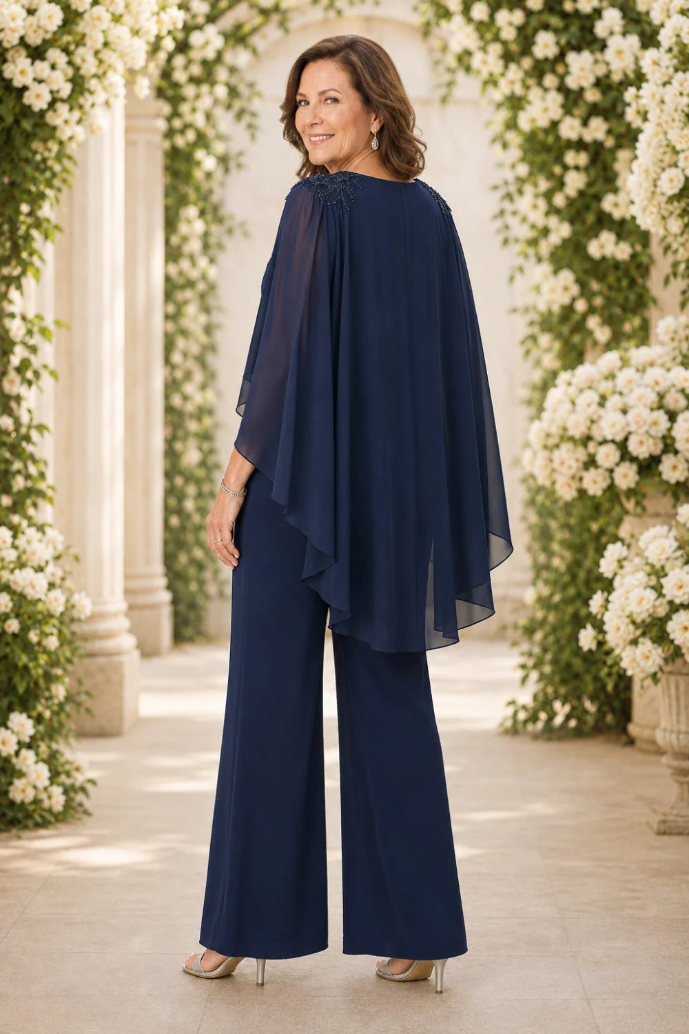 Beaded V-Neck Cape-Sleeve Wide-Leg Jumpsuit