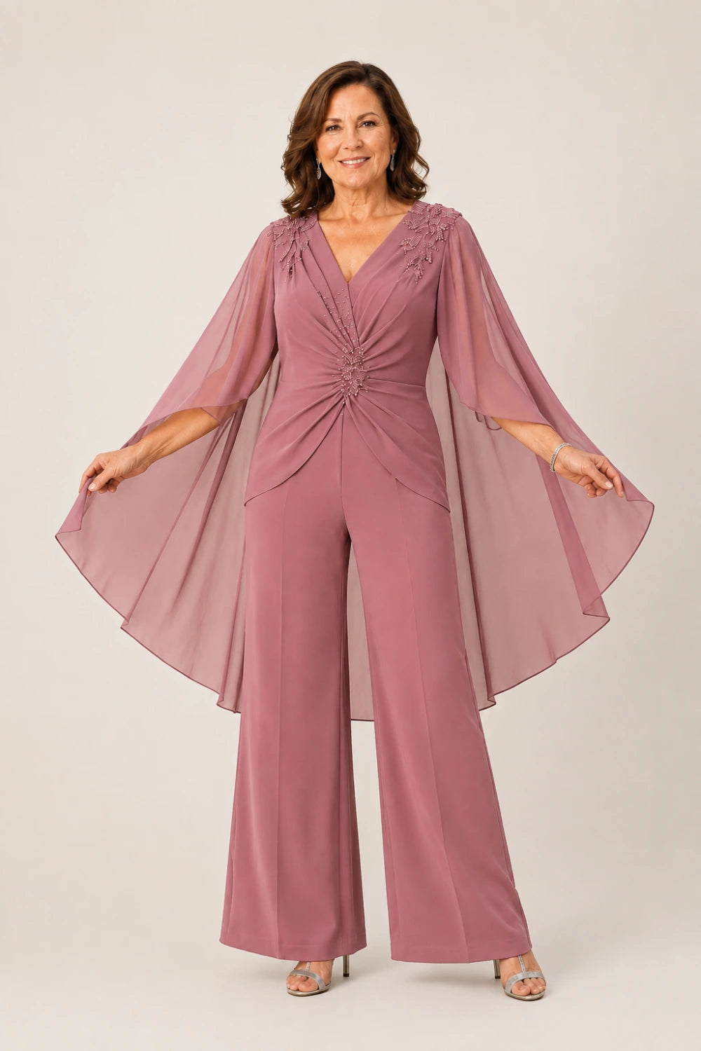 Beaded V-Neck Cape-Sleeve Wide-Leg Jumpsuit