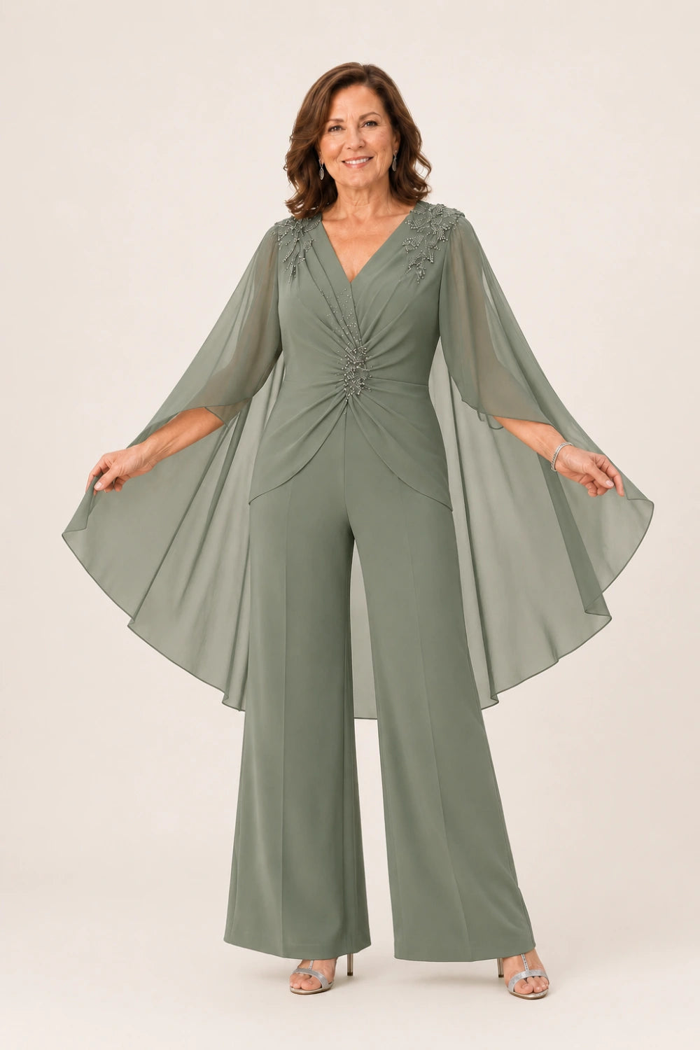 Beaded V-Neck Cape-Sleeve Wide-Leg Jumpsuit