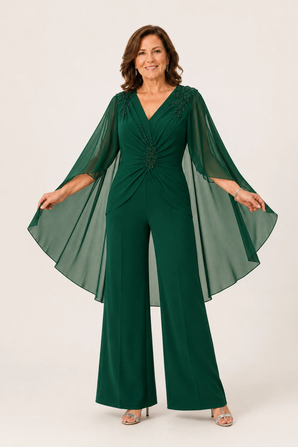 Beaded V-Neck Cape-Sleeve Wide-Leg Jumpsuit