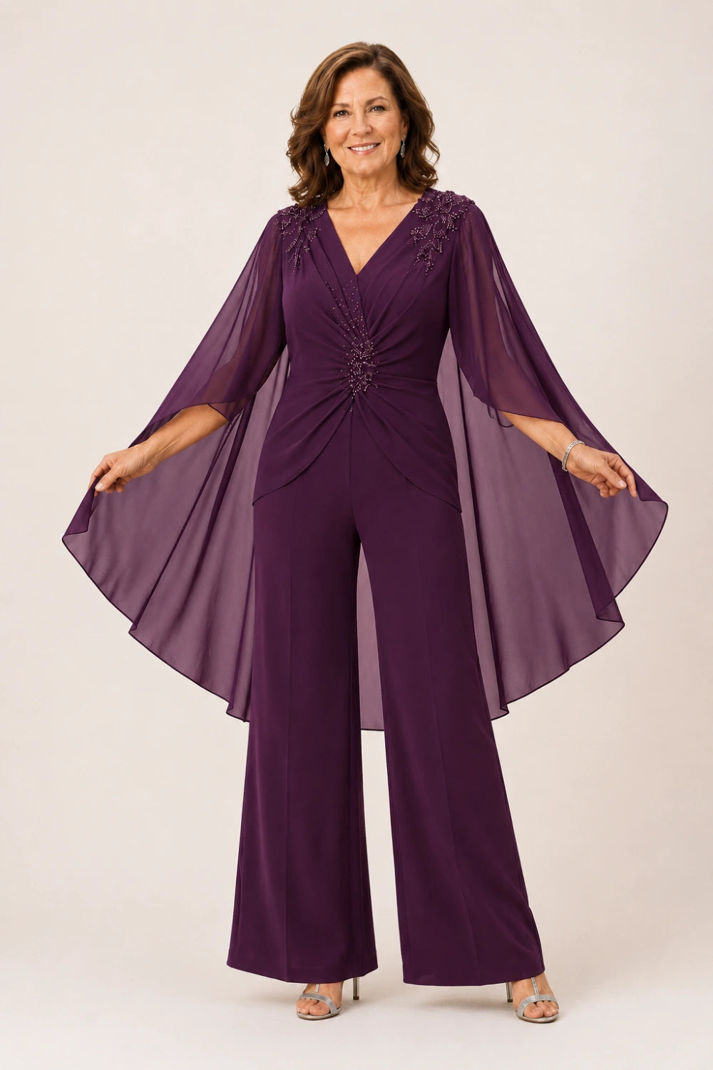 Beaded V-Neck Cape-Sleeve Wide-Leg Jumpsuit