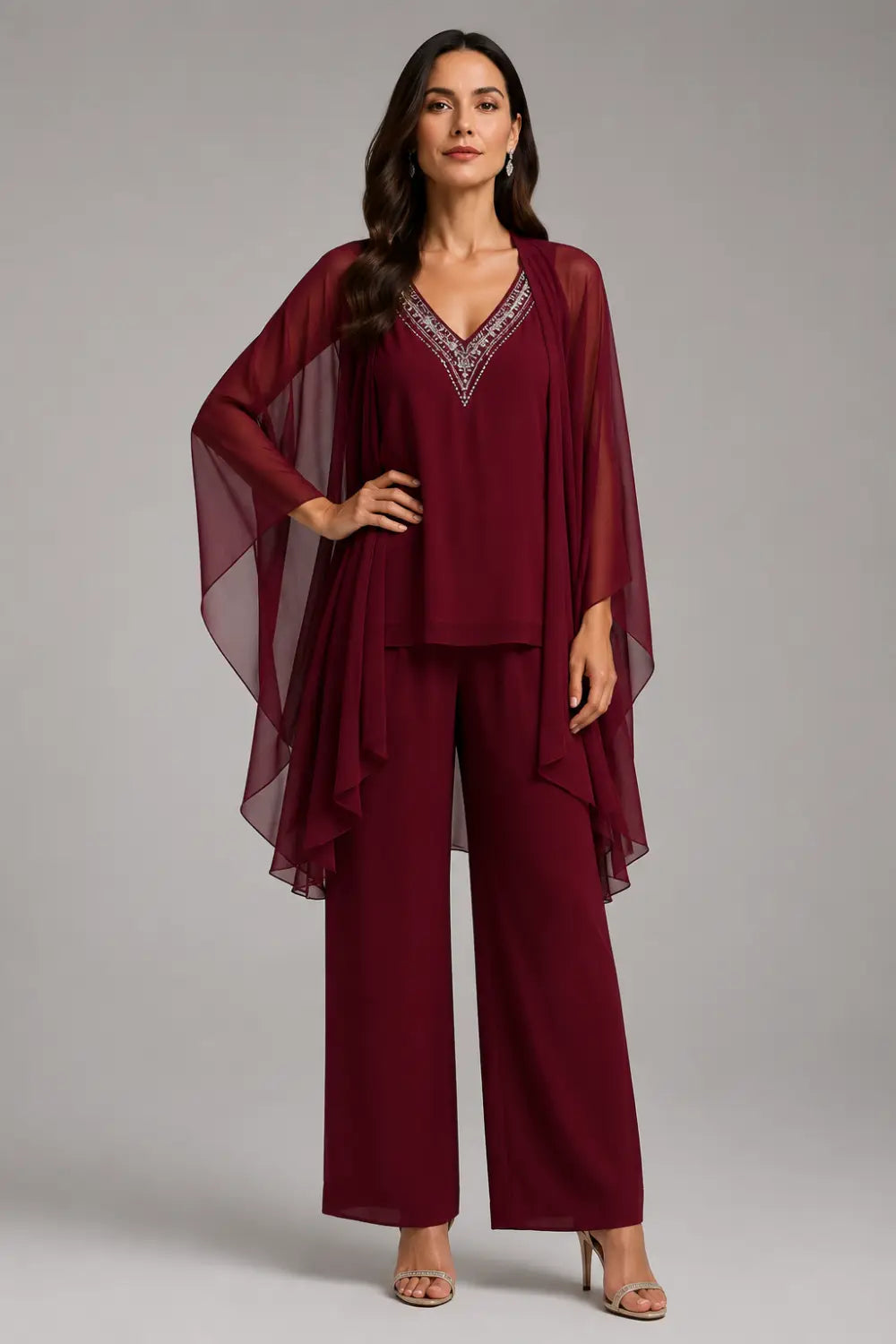 Beaded V-Neck Chiffon Capelet Pant Suit