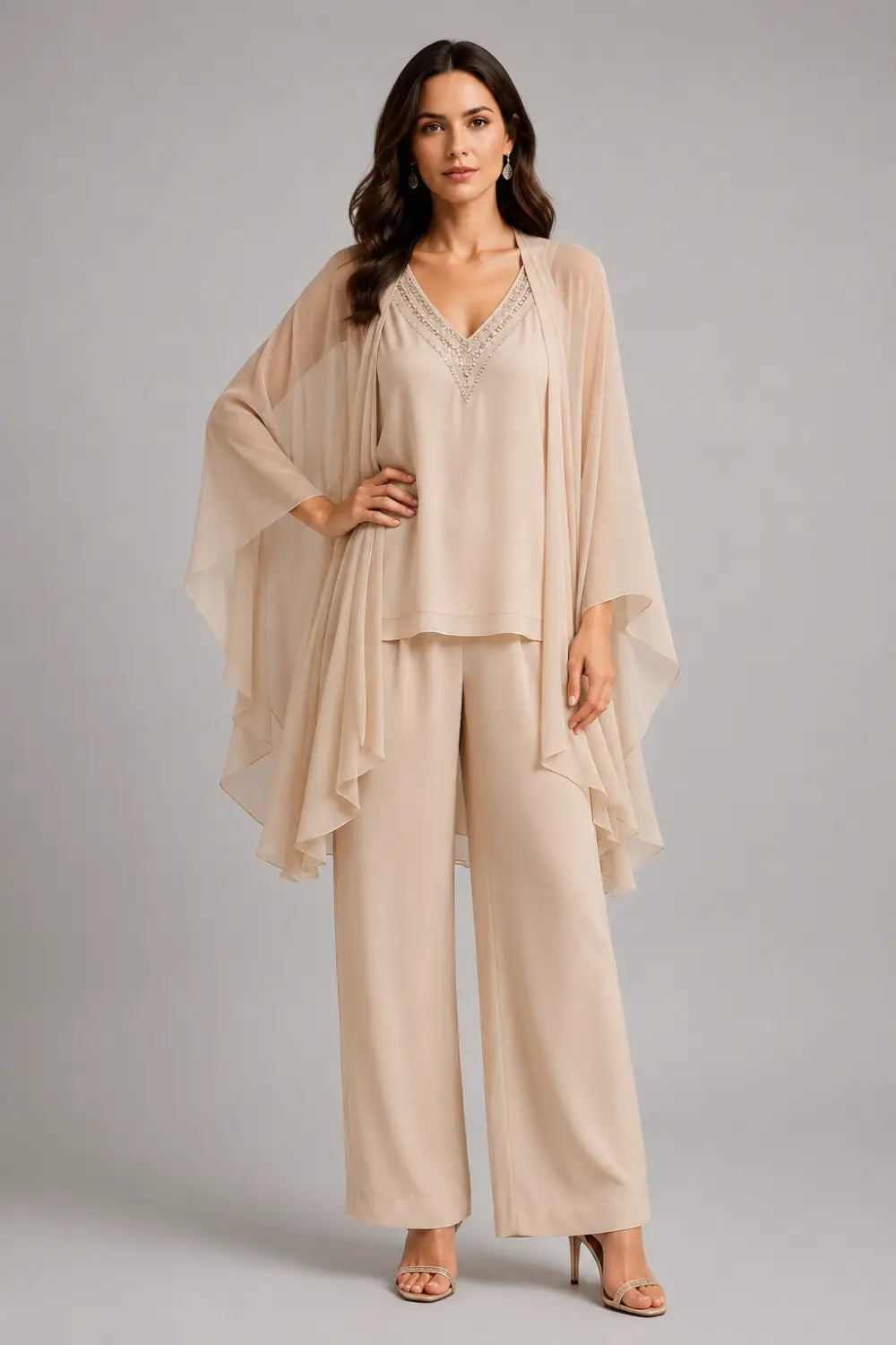 Beaded V-Neck Chiffon Capelet Pant Suit
