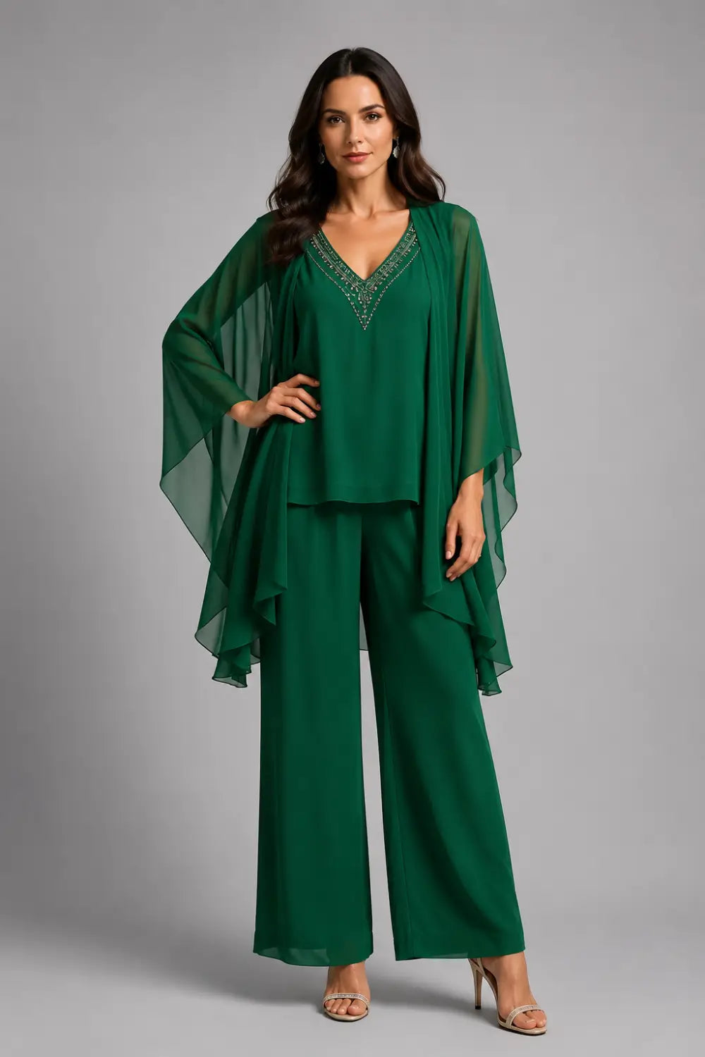 Beaded V-Neck Chiffon Capelet Pant Suit