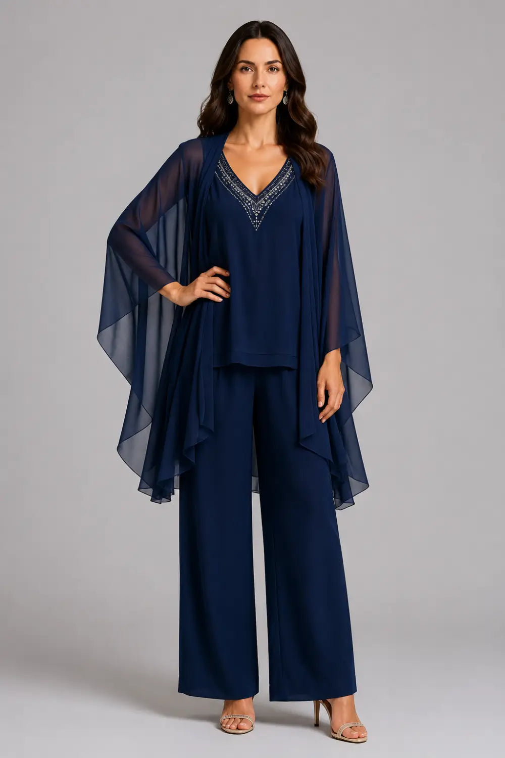 Beaded V-Neck Chiffon Capelet Pant Suit