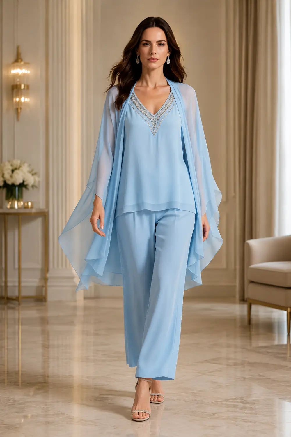 Beaded V-Neck Chiffon Capelet Pant Suit