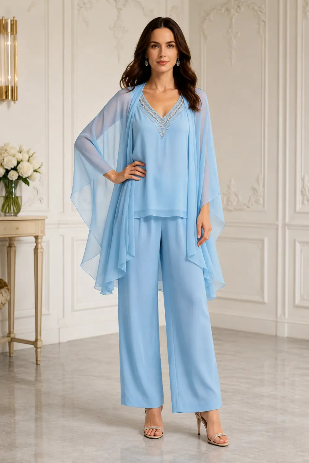 Beaded V-Neck Chiffon Capelet Pant Suit