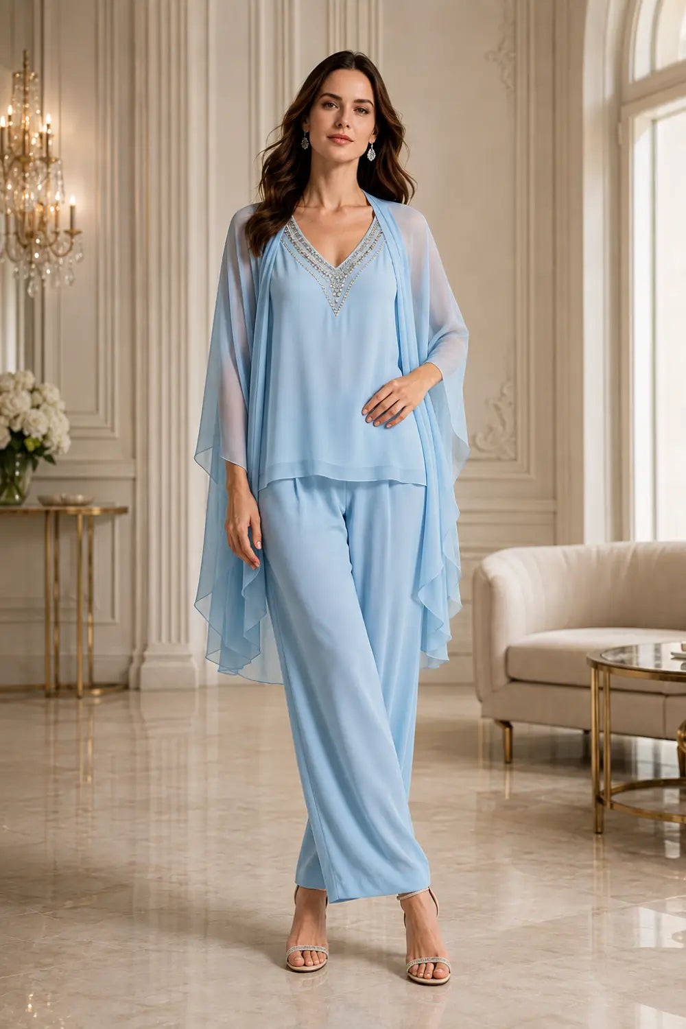 Beaded V-Neck Chiffon Capelet Pant Suit