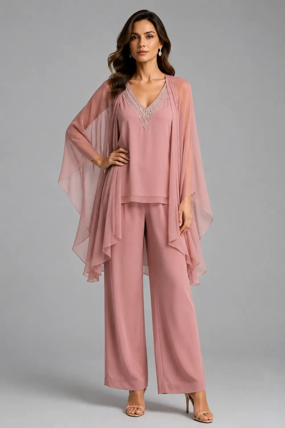 Beaded V-Neck Chiffon Capelet Pant Suit