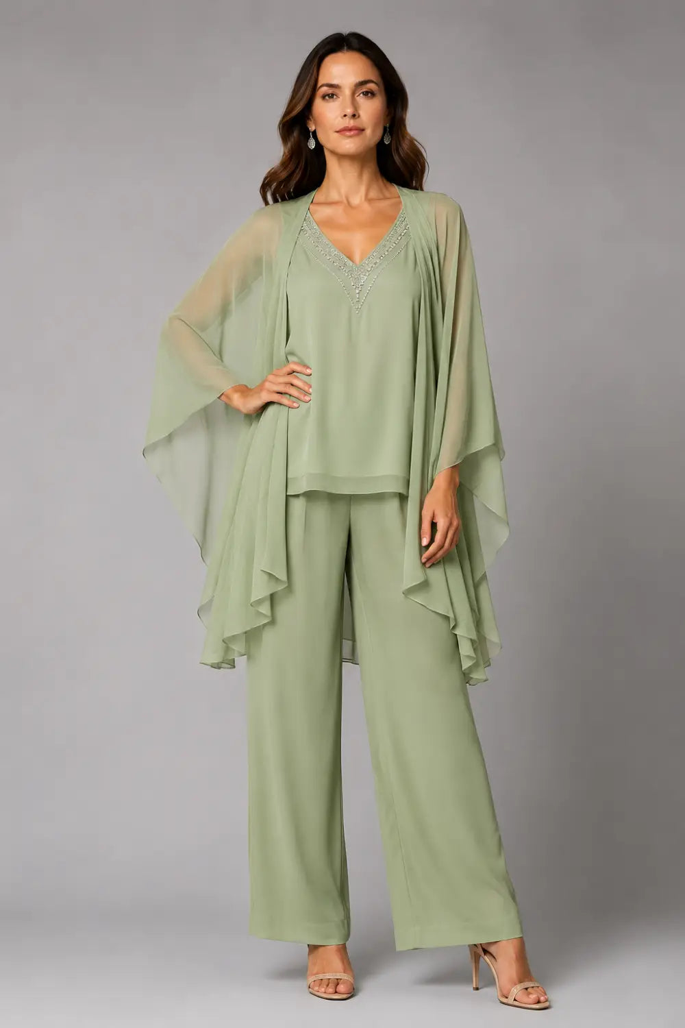 Beaded V-Neck Chiffon Capelet Pant Suit