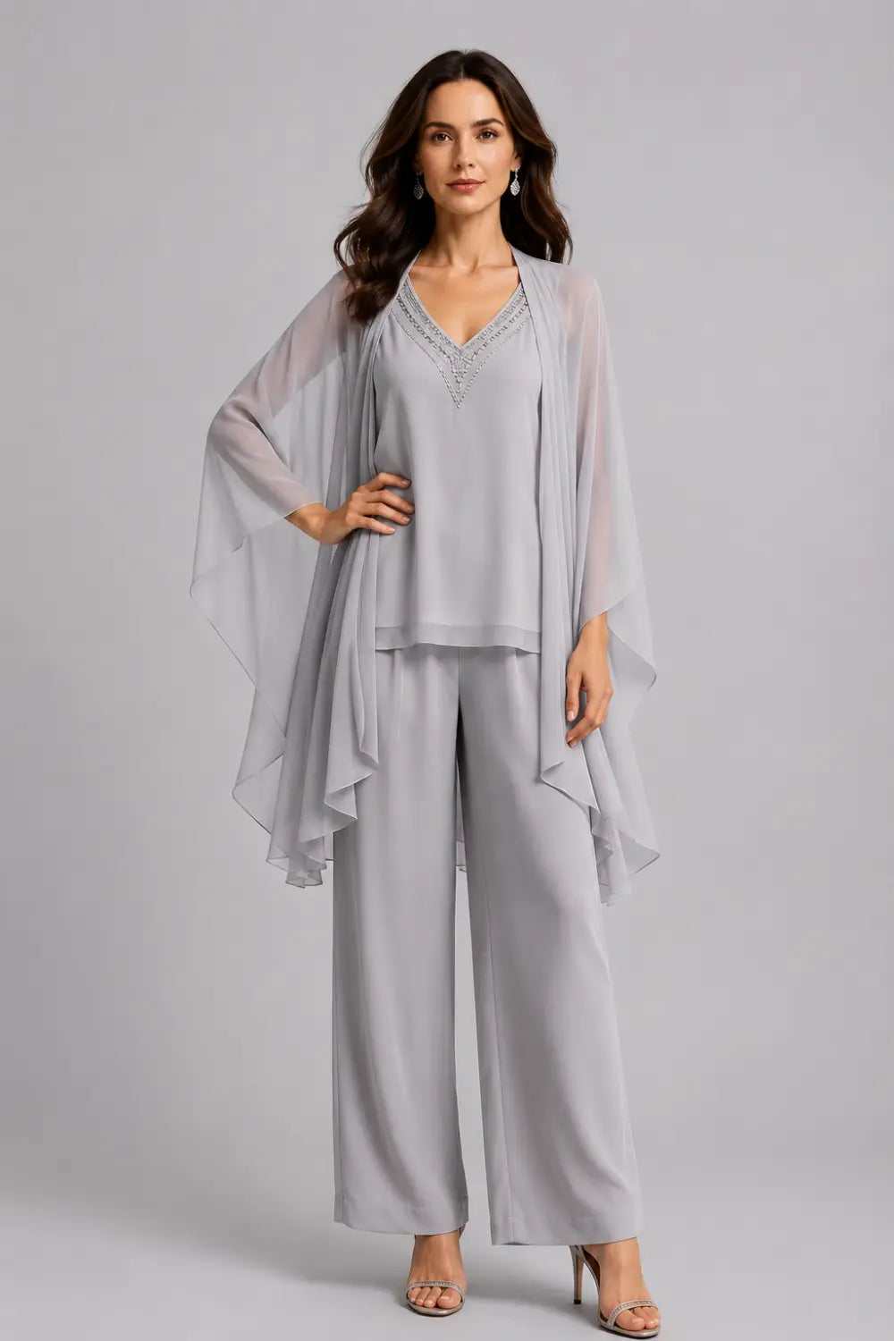 Beaded V-Neck Chiffon Capelet Pant Suit