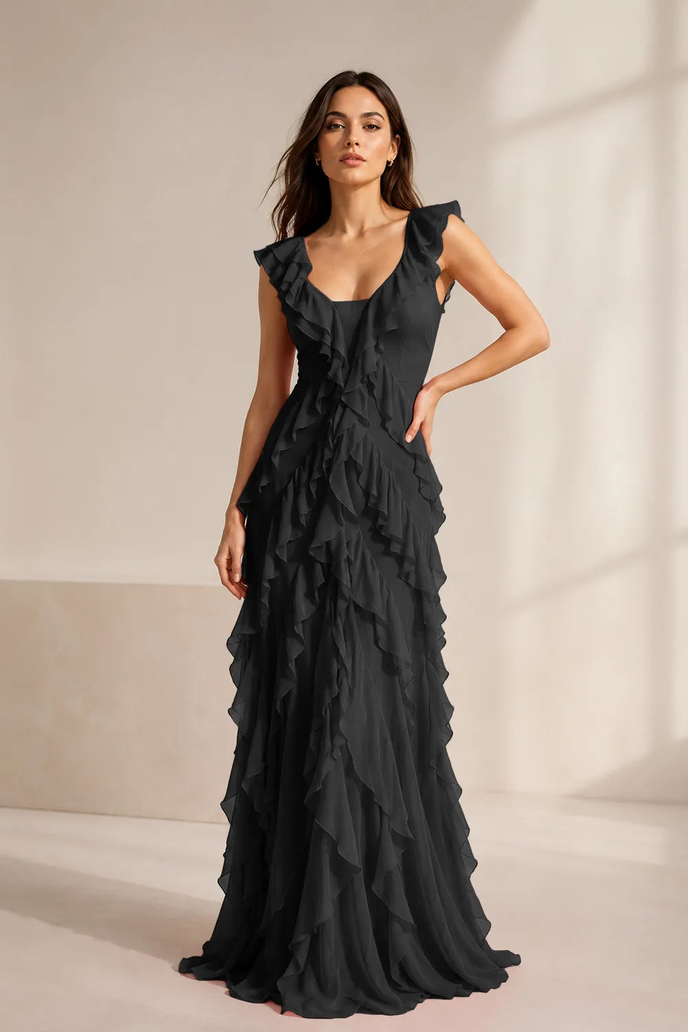 Ruffled Chiffon Maxi Formal Dress