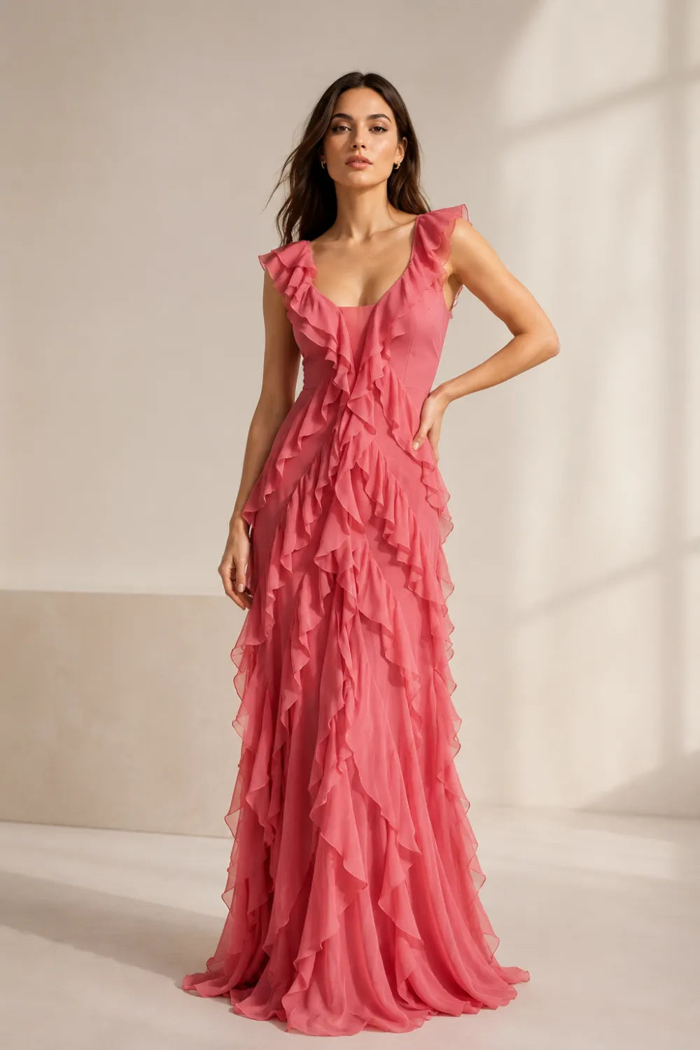 Ruffled Chiffon Maxi Formal Dress