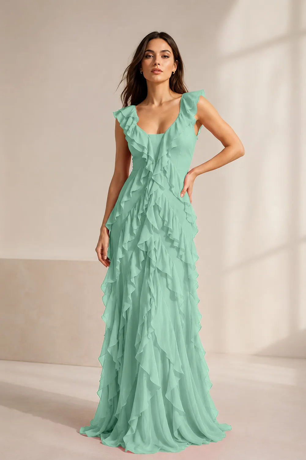 Ruffled Chiffon Maxi Formal Dress